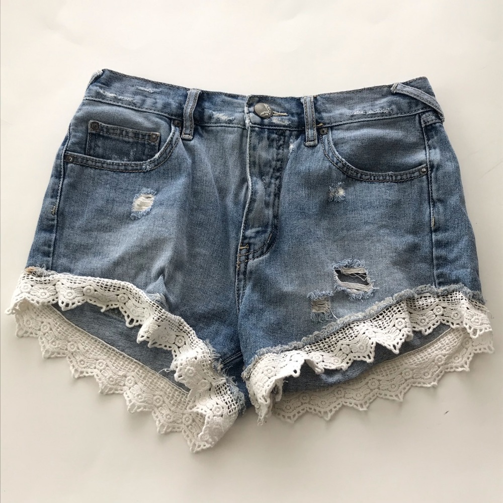 Free People Lace Denim Shorts Distressed Jeans 28